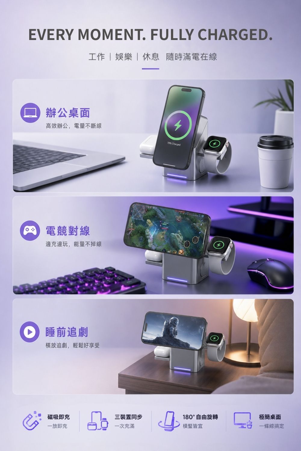 三合一模組磁吸充電站